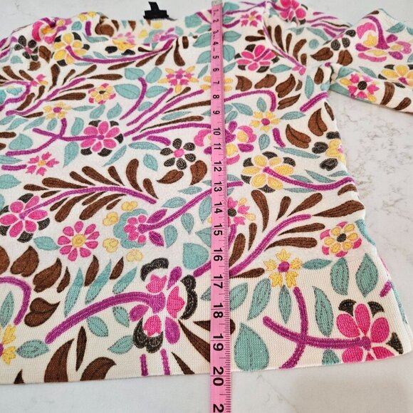 Talbots Boho Floral Merino Wool Puff Sleeve Sweater Medium Pink Blue Colorful - Picture 10 of 10